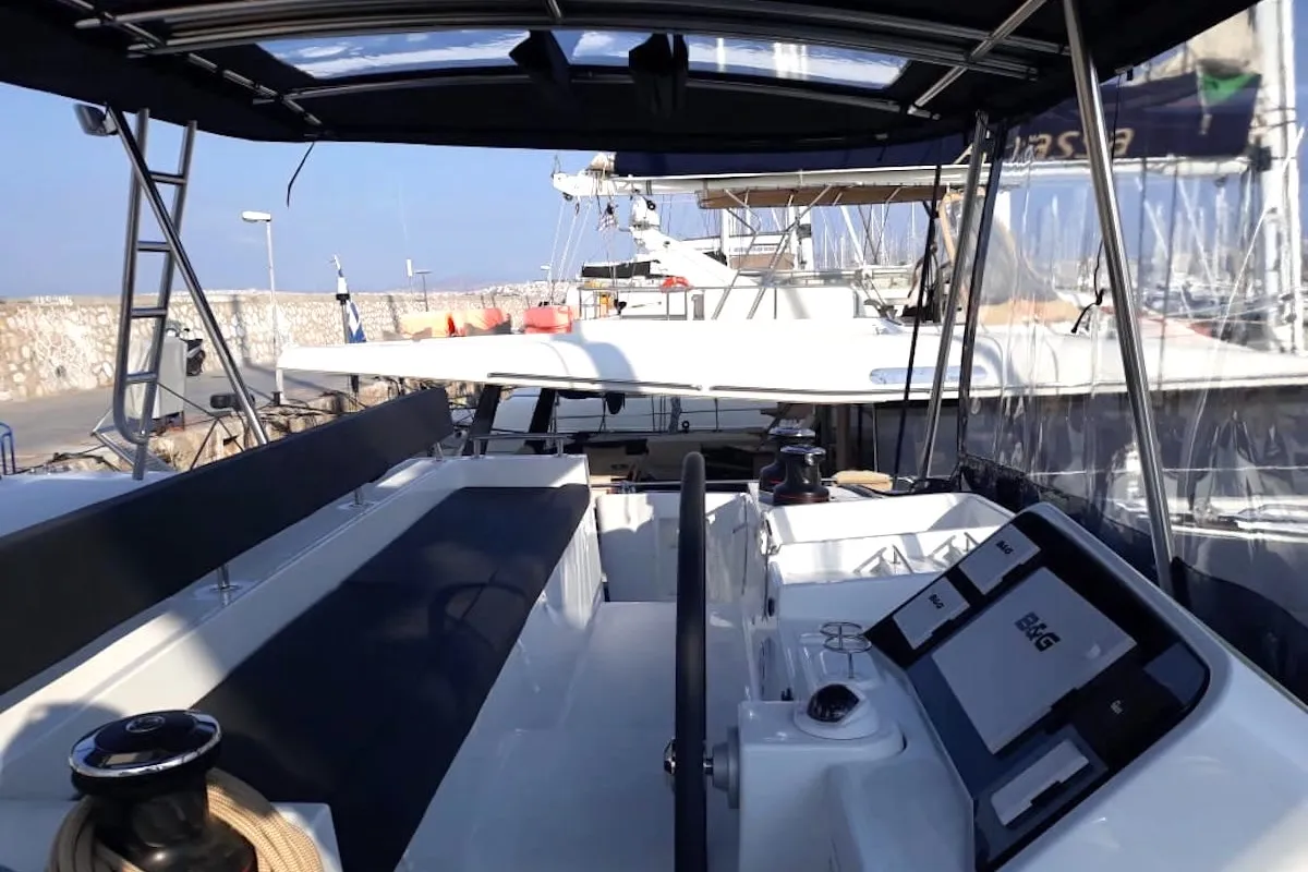 Cockpit of Escapade, a Lagoon 450 Fly catamaran at Athens, Greece