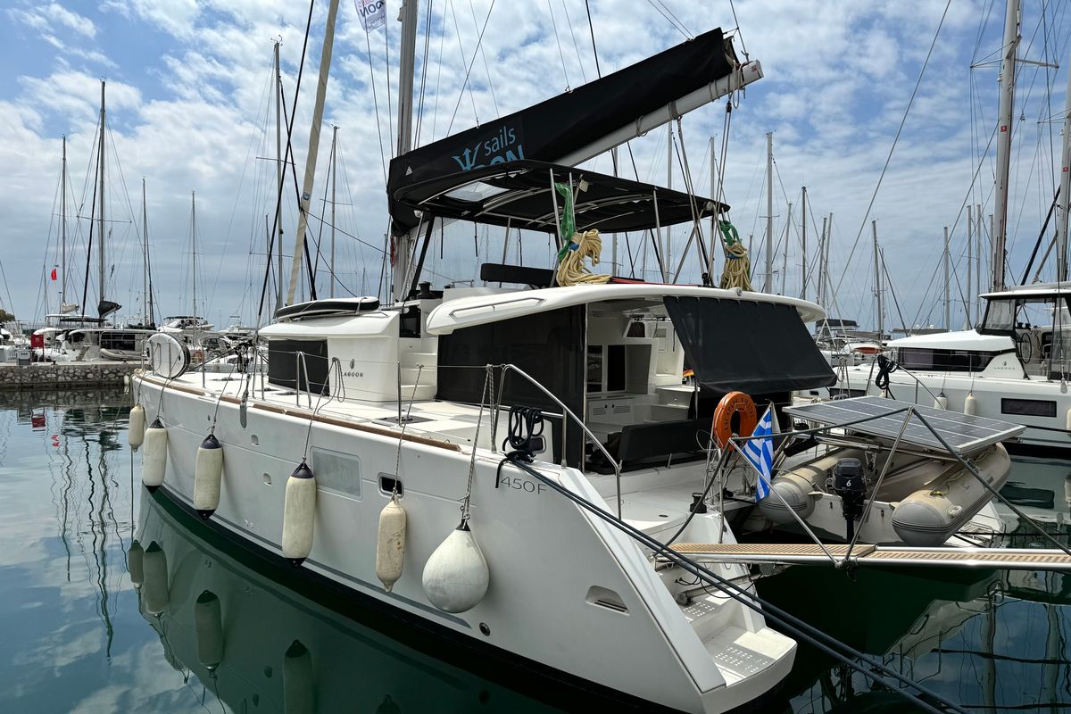 Exterior view of Escapade, a Lagoon 450 Fly catamaran at Athens, Greece
