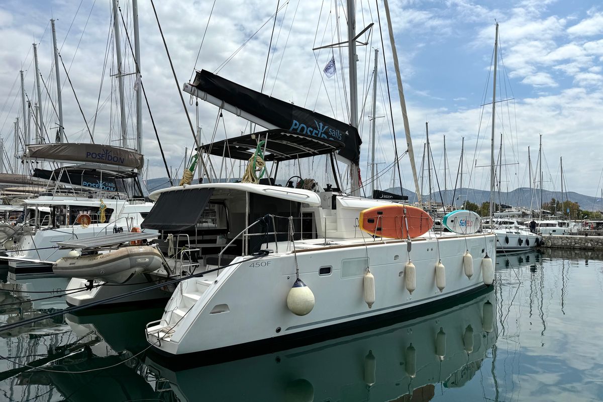 Exterior view of Escapade, a Lagoon 450 Fly catamaran at Athens, Greece