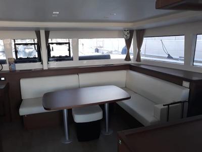 Salon of Escapade, a Lagoon 450 Fly catamaran at Athens, Greece