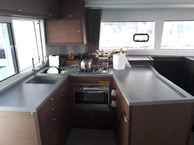 Galley of Escapade, a Lagoon 450 Fly catamaran at Athens, Greece