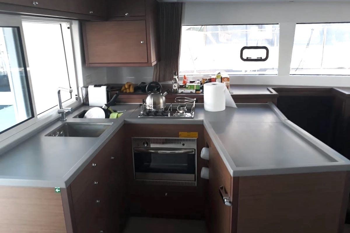 Galley of Escapade, a Lagoon 450 Fly catamaran at Athens, Greece