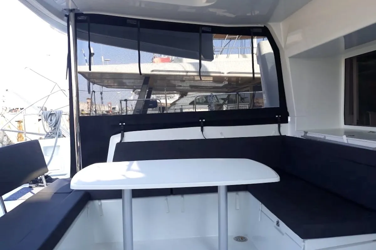 Deck of Escapade, a Lagoon 450 Fly catamaran at Athens, Greece