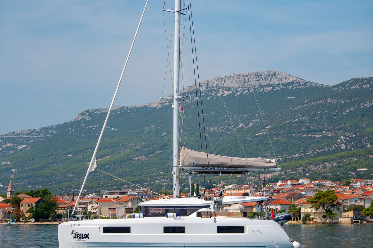 Exterior view of Felix, a Lagoon 46 catamaran at Grad Kaštela, Croatia