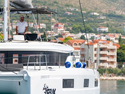 Cockpit of Felix, a Lagoon 46 catamaran at Grad Kaštela, Croatia