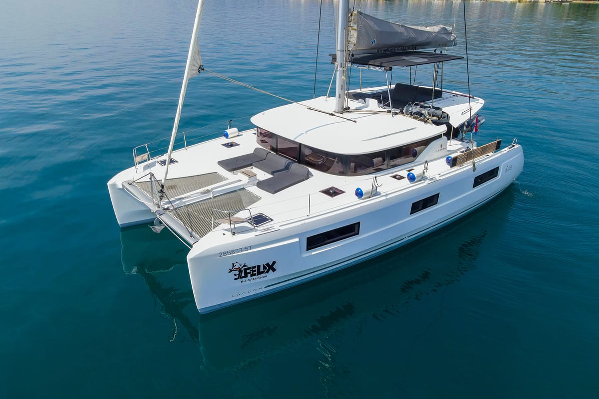 Exterior view of Felix, a Lagoon 46 catamaran at Grad Kaštela, Croatia