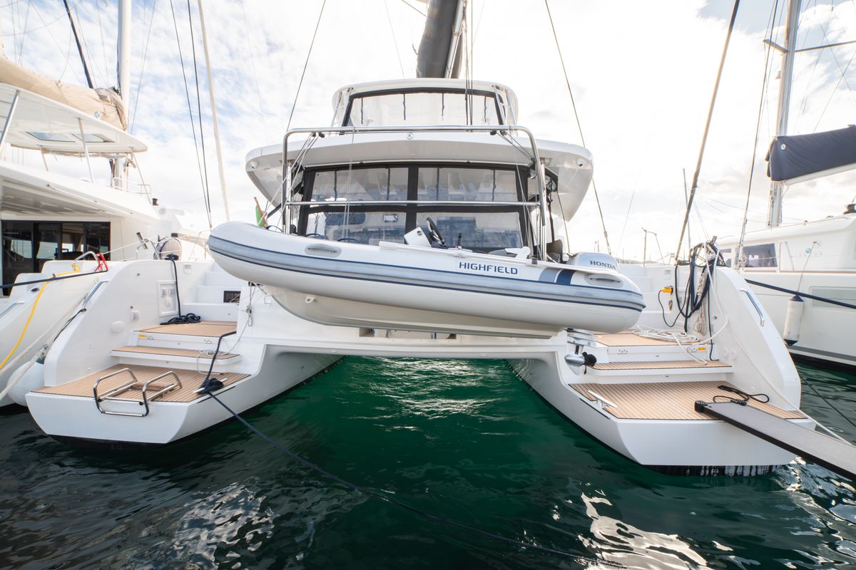 Exterior view of Mimi, a Lagoon 46 catamaran at Olbia, Italy