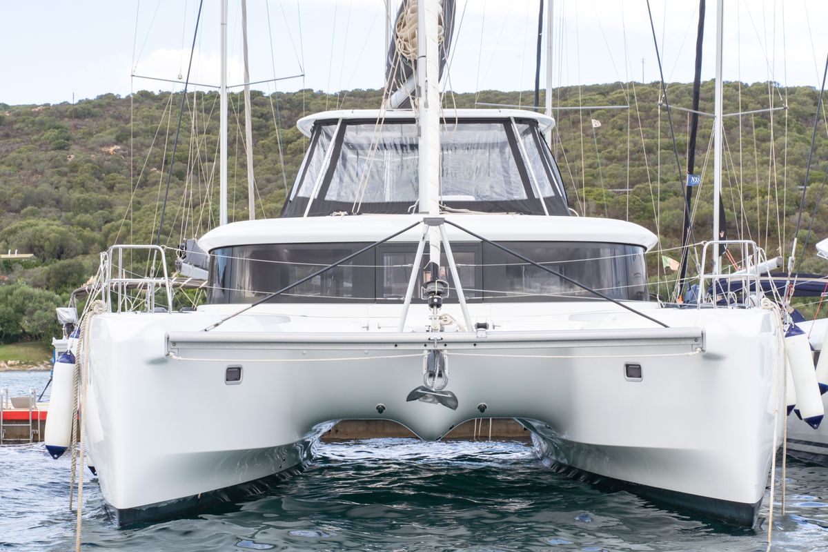 Exterior view of Mimi, a Lagoon 46 catamaran at Olbia, Italy