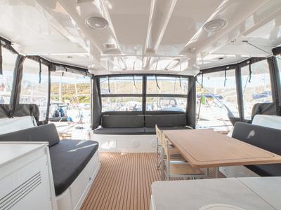 Deck of Mimi, a Lagoon 46 catamaran at Olbia, Italy