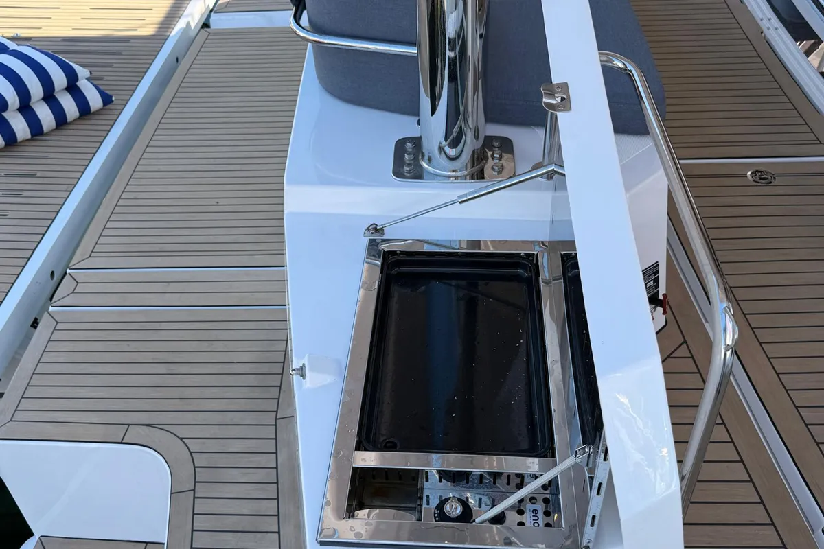 Deck of Libera, a Bali 5.2 catamaran at Tonnarella, Italy