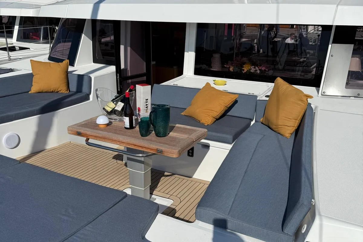Deck of Libera, a Bali 5.2 catamaran at Tonnarella, Italy