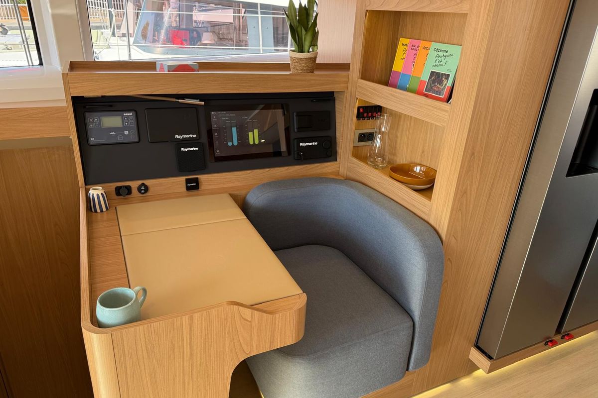 Cockpit of Libera, a Bali 5.2 catamaran at Tonnarella, Italy