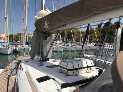 Deck of Alboran Prosecco (Cabo Verde), a Jeanneau Sun Odyssey 519 sailboat at Murdeira, Cape Verde