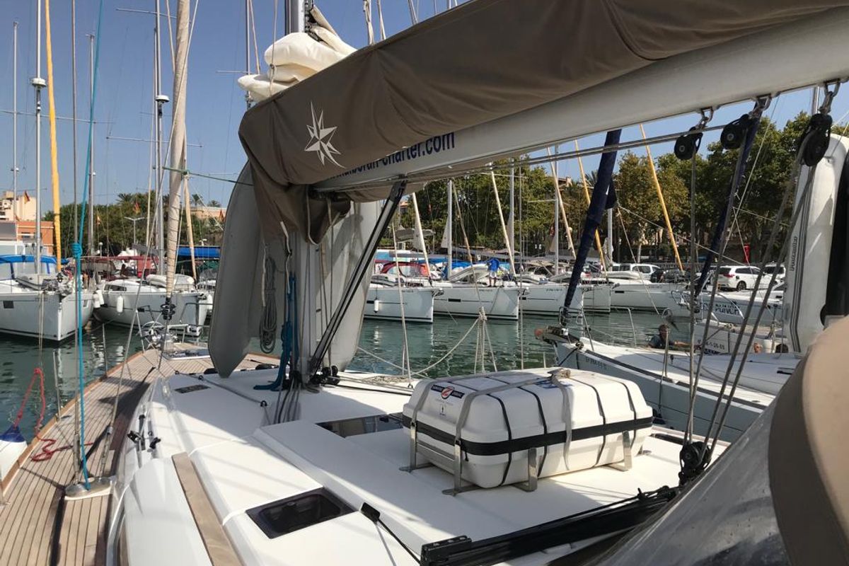 Deck of Alboran Prosecco (Cabo Verde), a Jeanneau Sun Odyssey 519 sailboat at Murdeira, Cape Verde