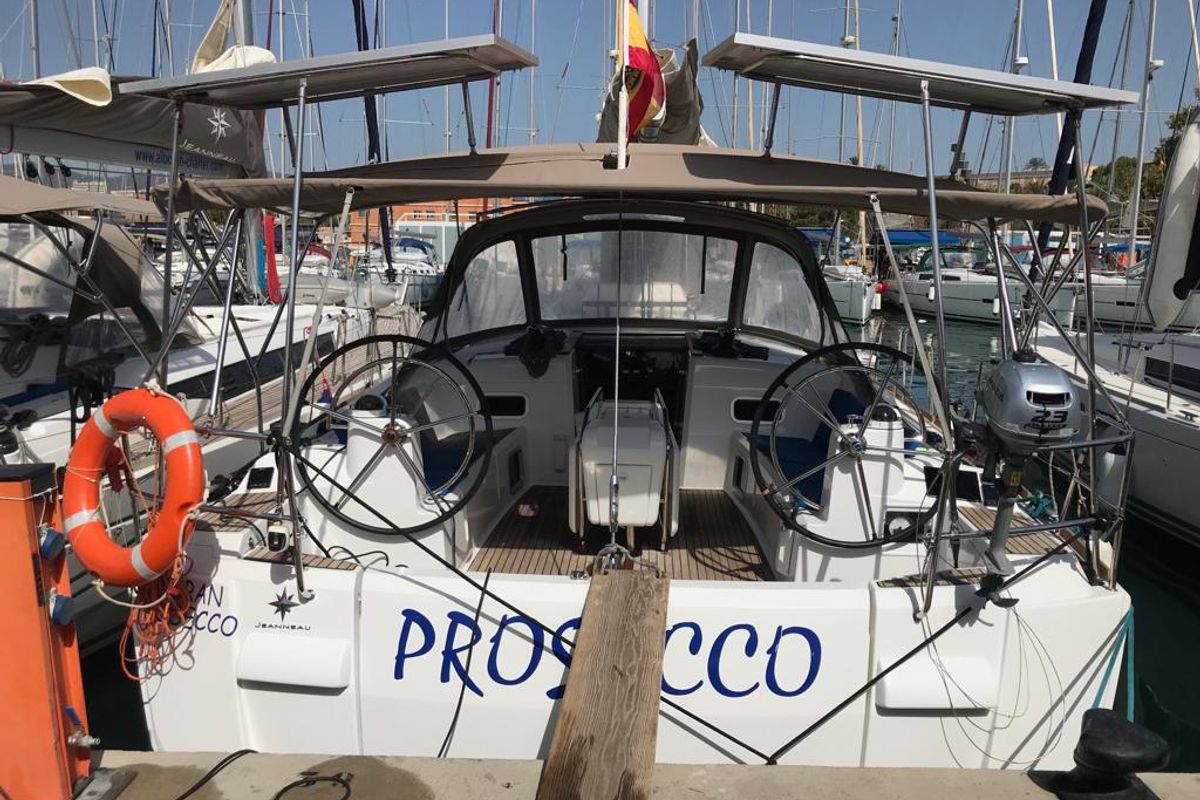 Exterior view of Alboran Prosecco (Cabo Verde), a Jeanneau Sun Odyssey 519 sailboat at Murdeira, Cape Verde