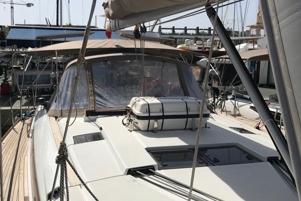 Deck of Alboran Prosecco (Cabo Verde), a Jeanneau Sun Odyssey 519 sailboat at Murdeira, Cape Verde