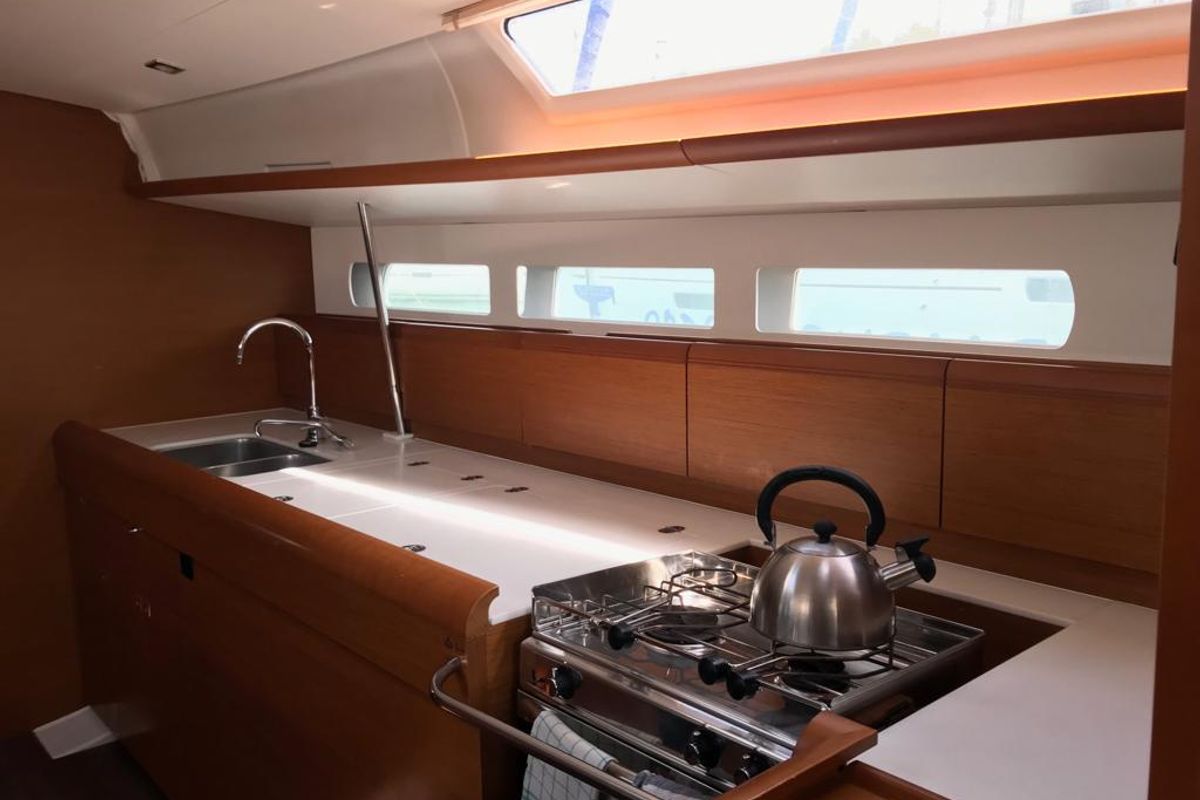 Galley of Alboran Prosecco (Cabo Verde), a Jeanneau Sun Odyssey 519 sailboat at Murdeira, Cape Verde