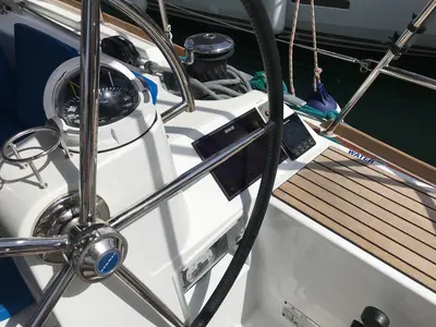 Cockpit of Alboran Prosecco (Cabo Verde), a Jeanneau Sun Odyssey 519 sailboat at Murdeira, Cape Verde