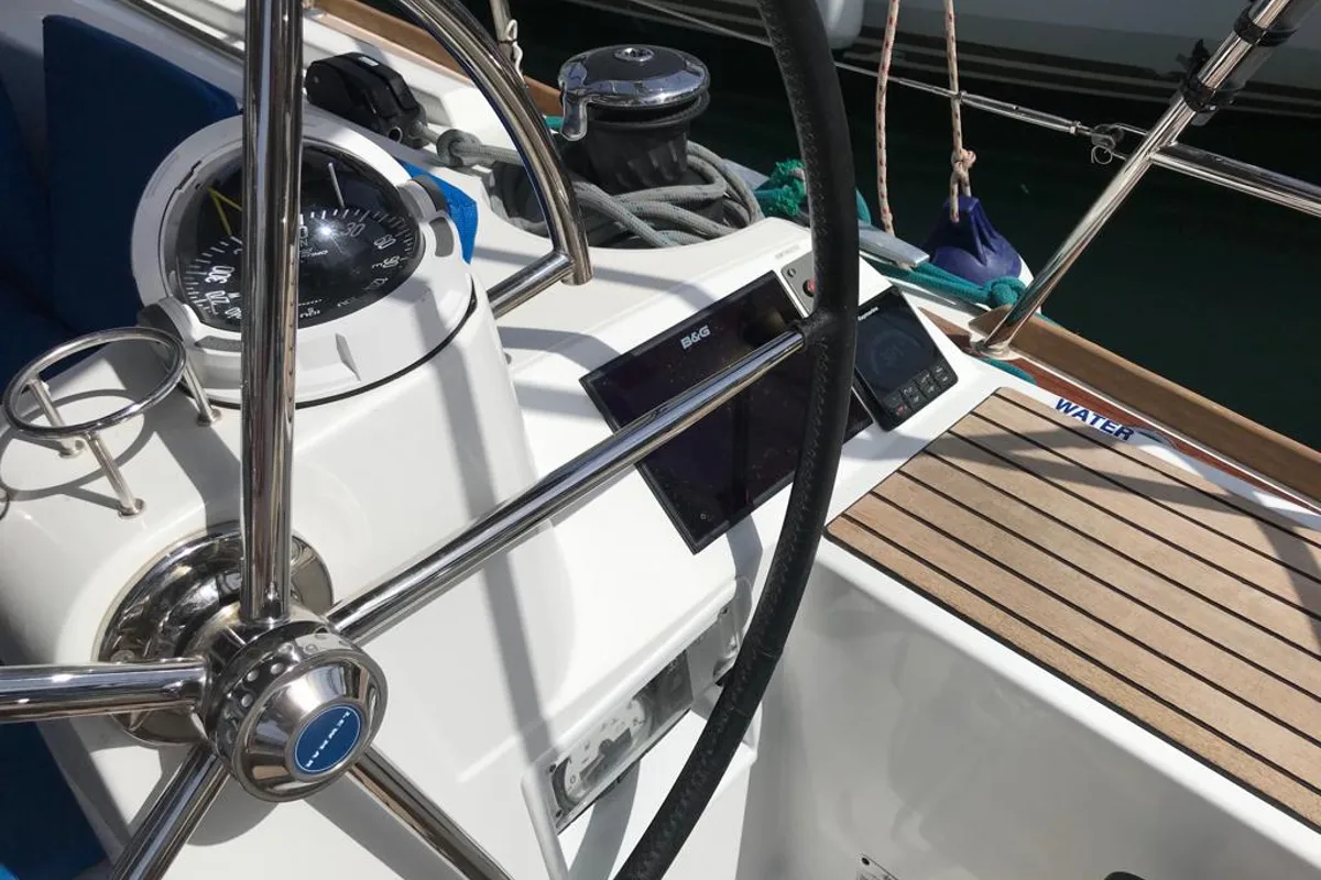 Cockpit of Alboran Prosecco (Cabo Verde), a Jeanneau Sun Odyssey 519 sailboat at Murdeira, Cape Verde