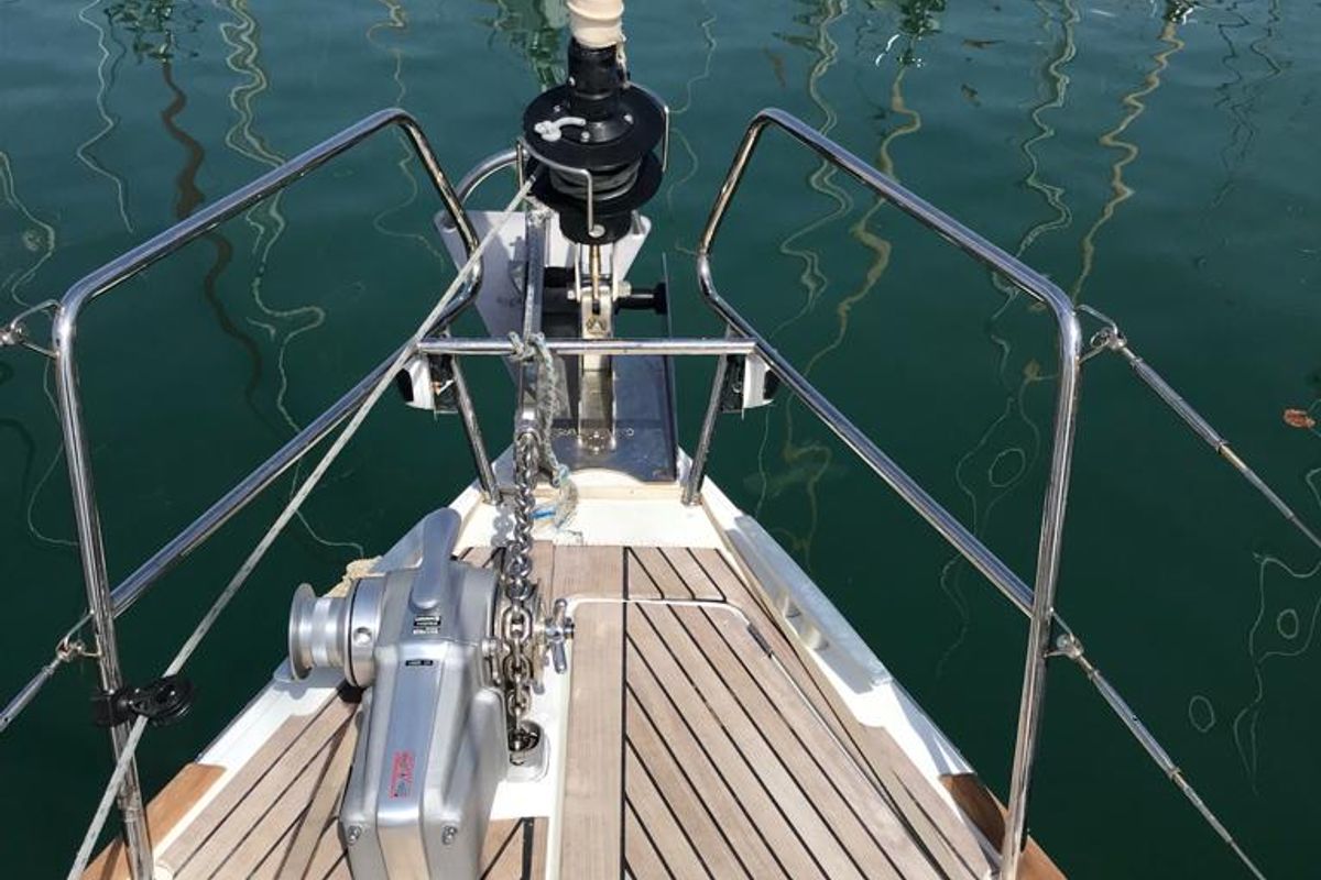 Deck of Alboran Prosecco (Cabo Verde), a Jeanneau Sun Odyssey 519 sailboat at Murdeira, Cape Verde