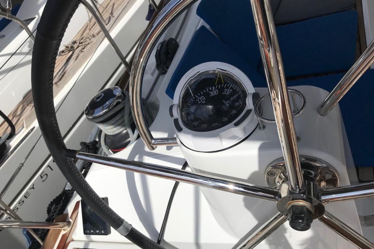 Cockpit of Alboran Prosecco (Cabo Verde), a Jeanneau Sun Odyssey 519 sailboat at Murdeira, Cape Verde