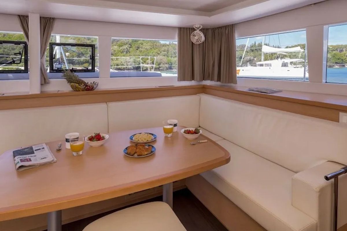 Salon of Endurance, a Lagoon 450 Fly catamaran at Municipal Unit of Lefkada, Greece