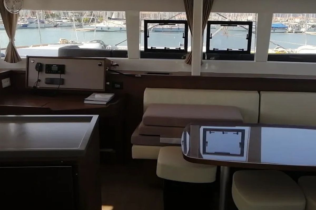 Salon of Endurance, a Lagoon 450 Fly catamaran at Municipal Unit of Lefkada, Greece