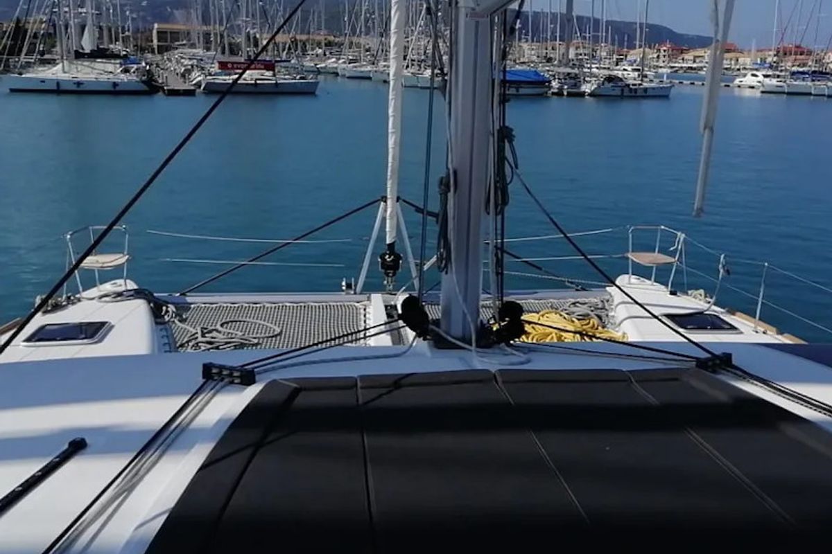 Deck of Endurance, a Lagoon 450 Fly catamaran at Municipal Unit of Lefkada, Greece
