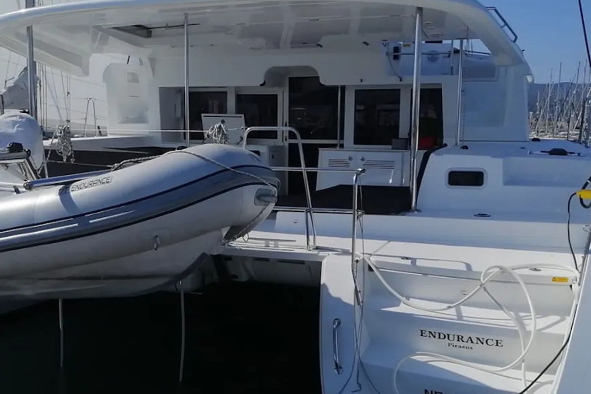 Exterior view of Endurance, a Lagoon 450 Fly catamaran at Municipal Unit of Lefkada, Greece