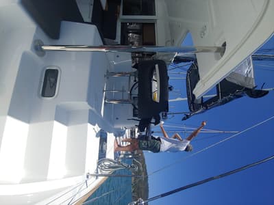 Cockpit of Leo, a Lagoon 40 catamaran at Fethiye, Turkey