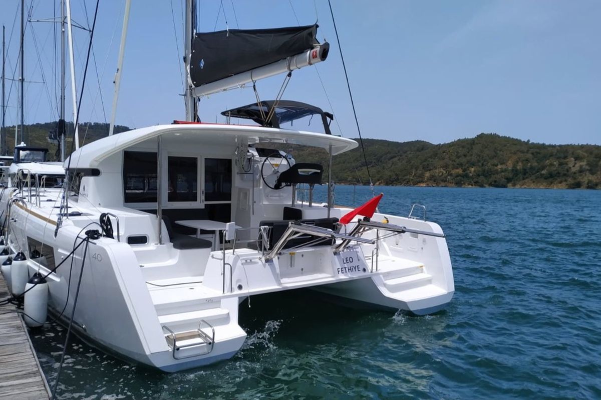 Exterior view of Leo, a Lagoon 40 catamaran at Fethiye, Turkey