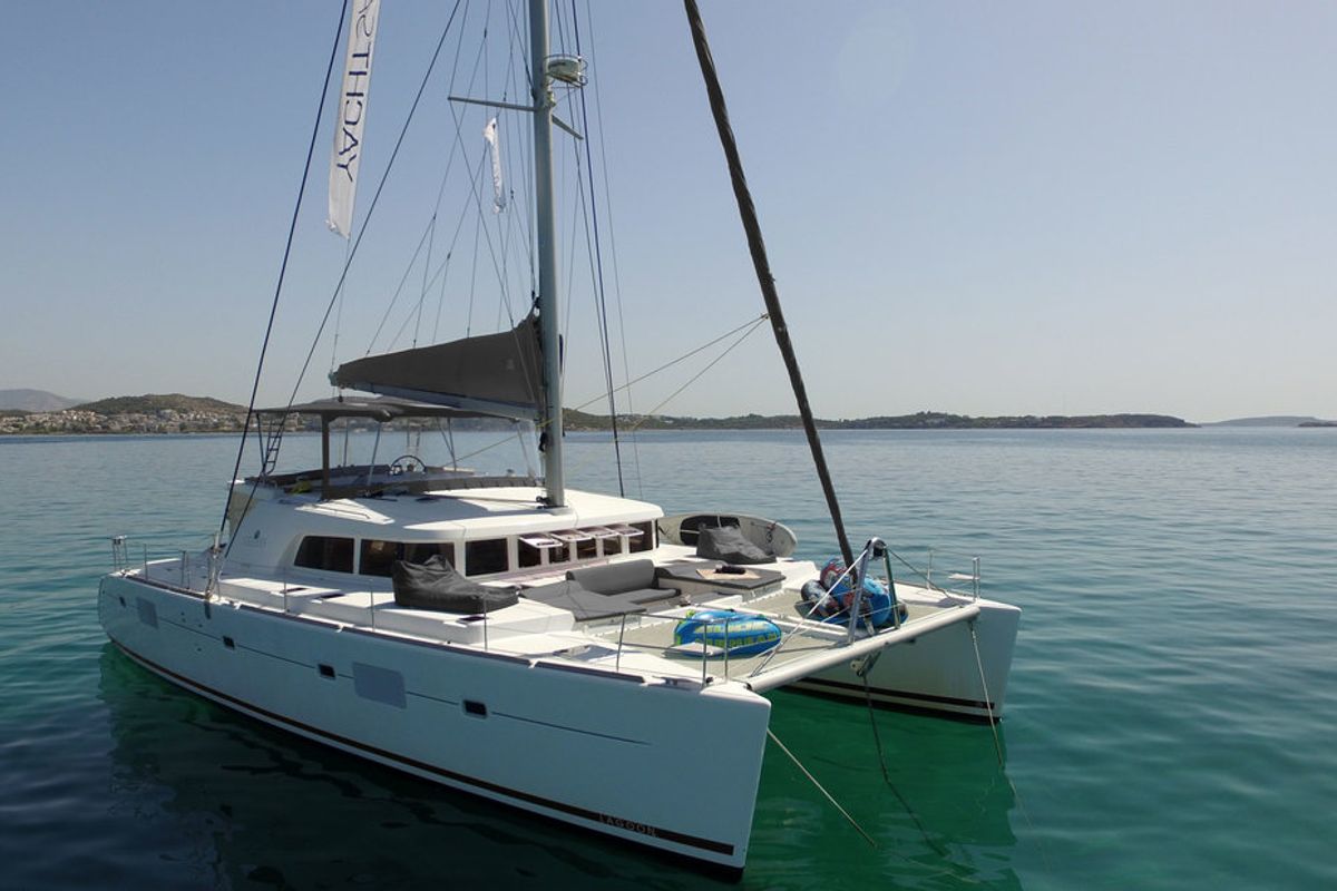 Exterior view of The Big Deal, a Lagoon 500 - 5 + 1 + 1 cab. catamaran at Athens, Greece