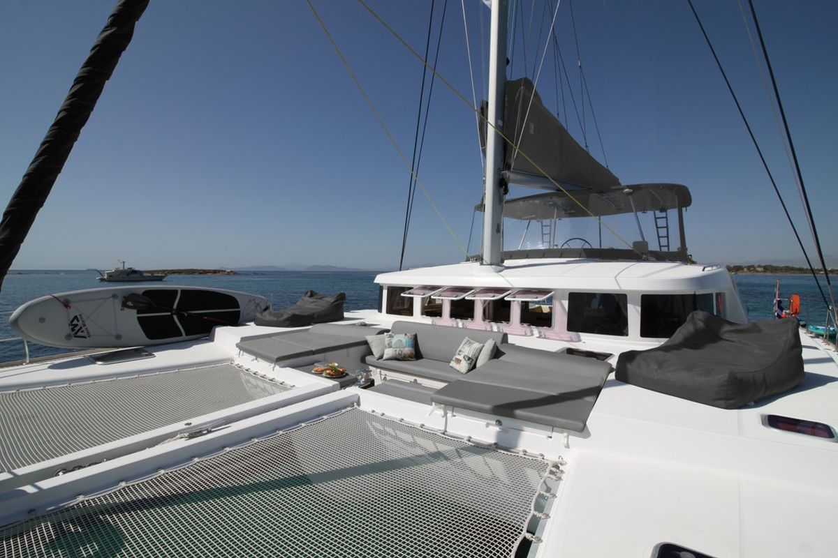 Deck of The Big Deal, a Lagoon 500 - 5 + 1 + 1 cab. catamaran at Athens, Greece