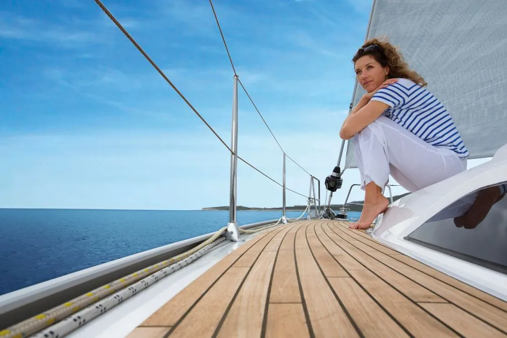 Deck of Konstantinos II, a Bavaria Cruiser 51 sailboat at Municipal Unit of Lefkada, Greece