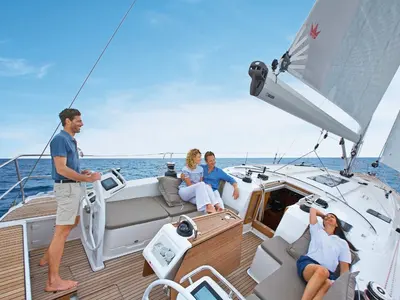 Deck of Konstantinos II, a Bavaria Cruiser 51 sailboat at Municipal Unit of Lefkada, Greece