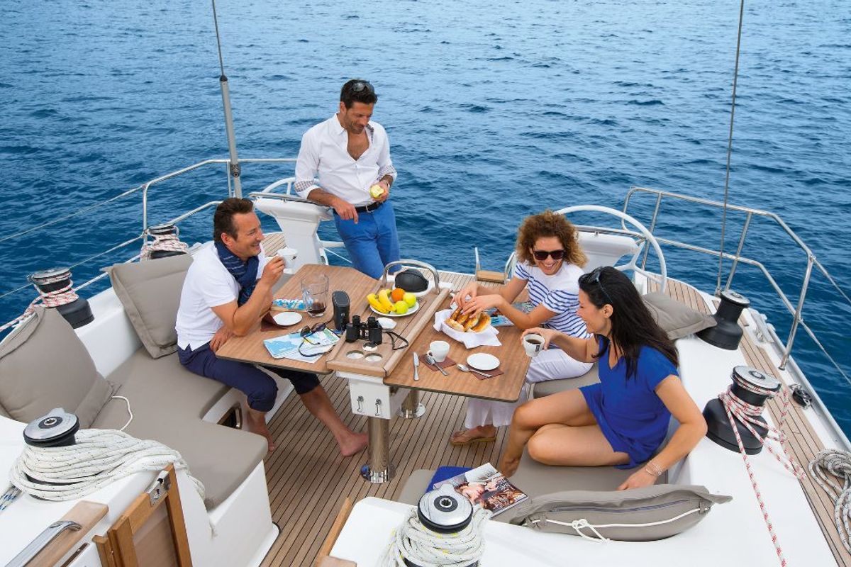 Deck of Konstantinos II, a Bavaria Cruiser 51 sailboat at Municipal Unit of Lefkada, Greece