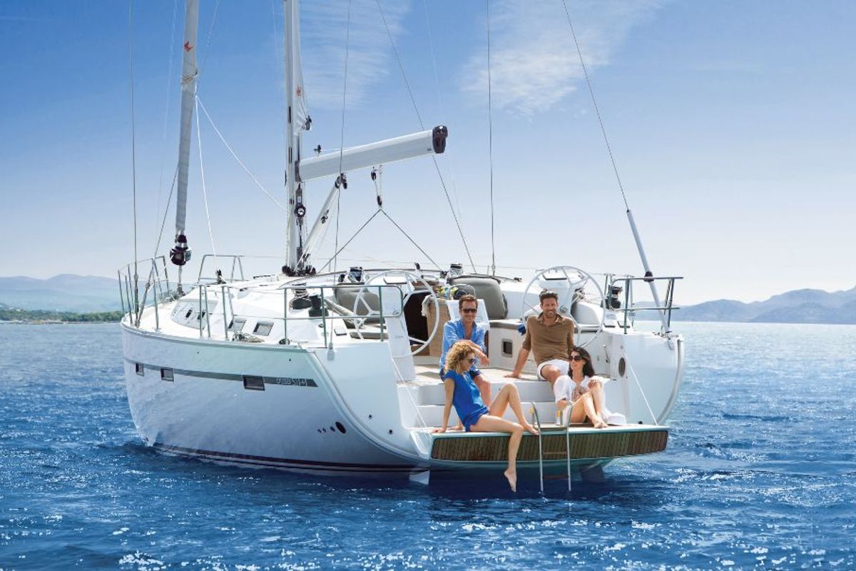 Exterior view of Konstantinos II, a Bavaria Cruiser 51 sailboat at Municipal Unit of Lefkada, Greece