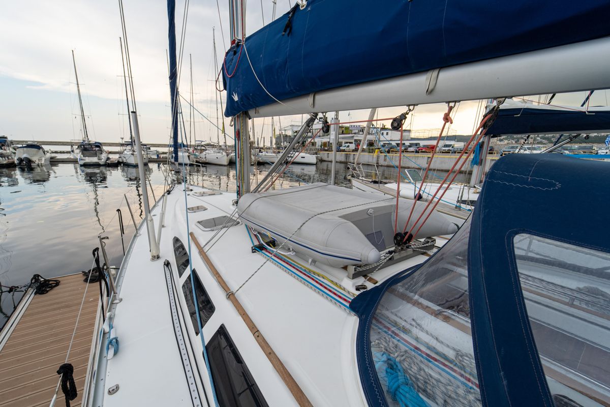 Deck of Tatanos, a Jeanneau Sun Odyssey 43  sailboat at Kavala, Greece