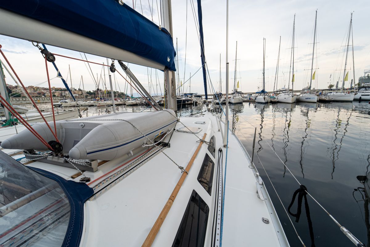 Deck of Tatanos, a Jeanneau Sun Odyssey 43 sailboat at Kavala, Greece