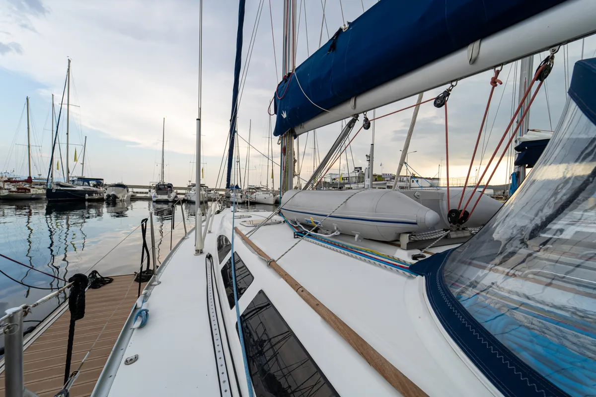 Deck of Tatanos, a Jeanneau Sun Odyssey 43  sailboat at Kavala, Greece