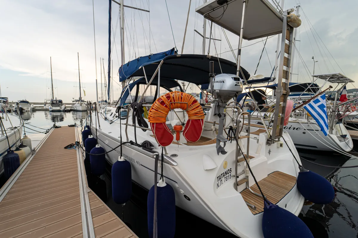 Exterior view of Tatanos, a Jeanneau Sun Odyssey 43  sailboat at Kavala, Greece