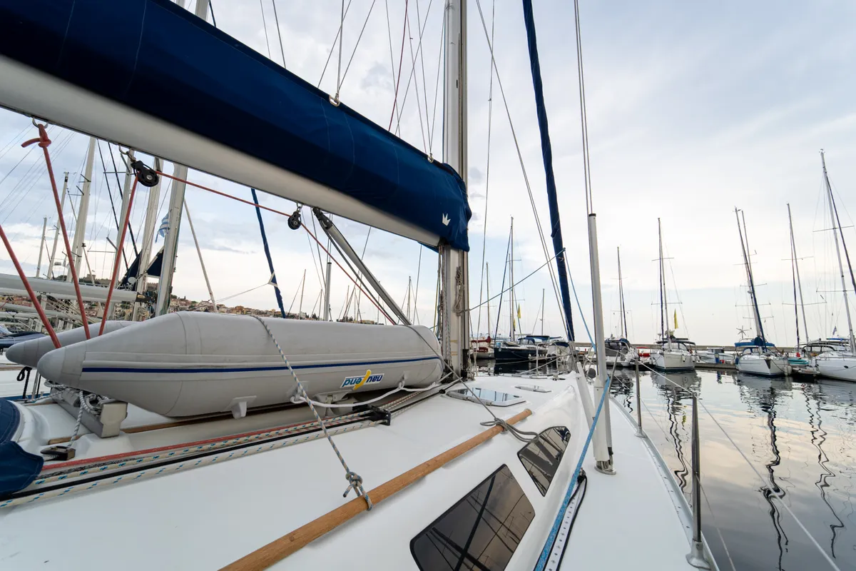 Deck of Tatanos, a Jeanneau Sun Odyssey 43  sailboat at Kavala, Greece