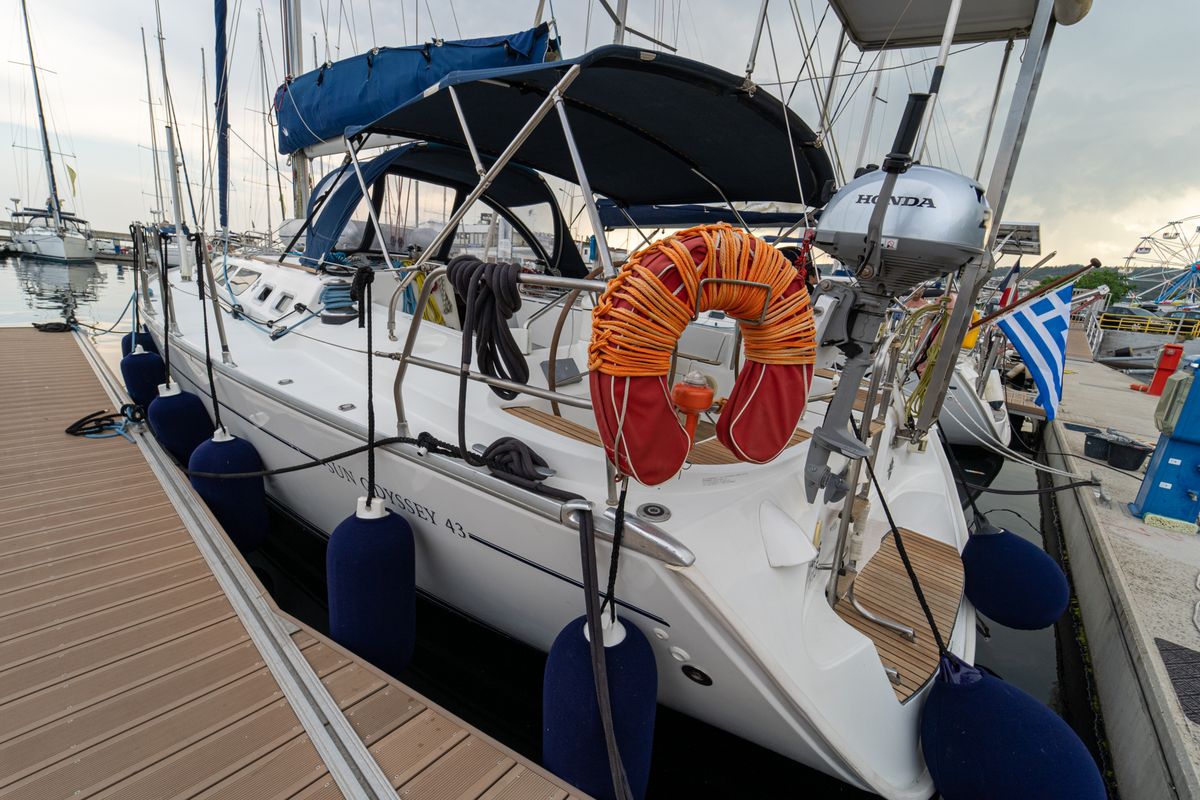 Exterior view of Tatanos, a Jeanneau Sun Odyssey 43  sailboat at Kavala, Greece