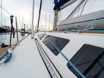 Deck of Tatanos, a Jeanneau Sun Odyssey 43  sailboat at Kavala, Greece