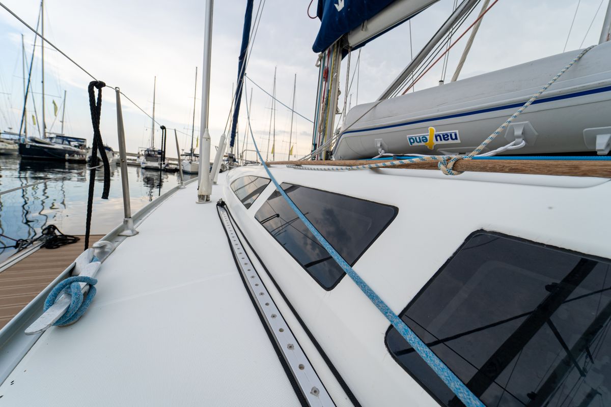 Deck of Tatanos, a Jeanneau Sun Odyssey 43 sailboat at Kavala, Greece