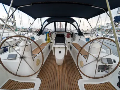 Cockpit of Tatanos, a Jeanneau Sun Odyssey 43  sailboat at Kavala, Greece