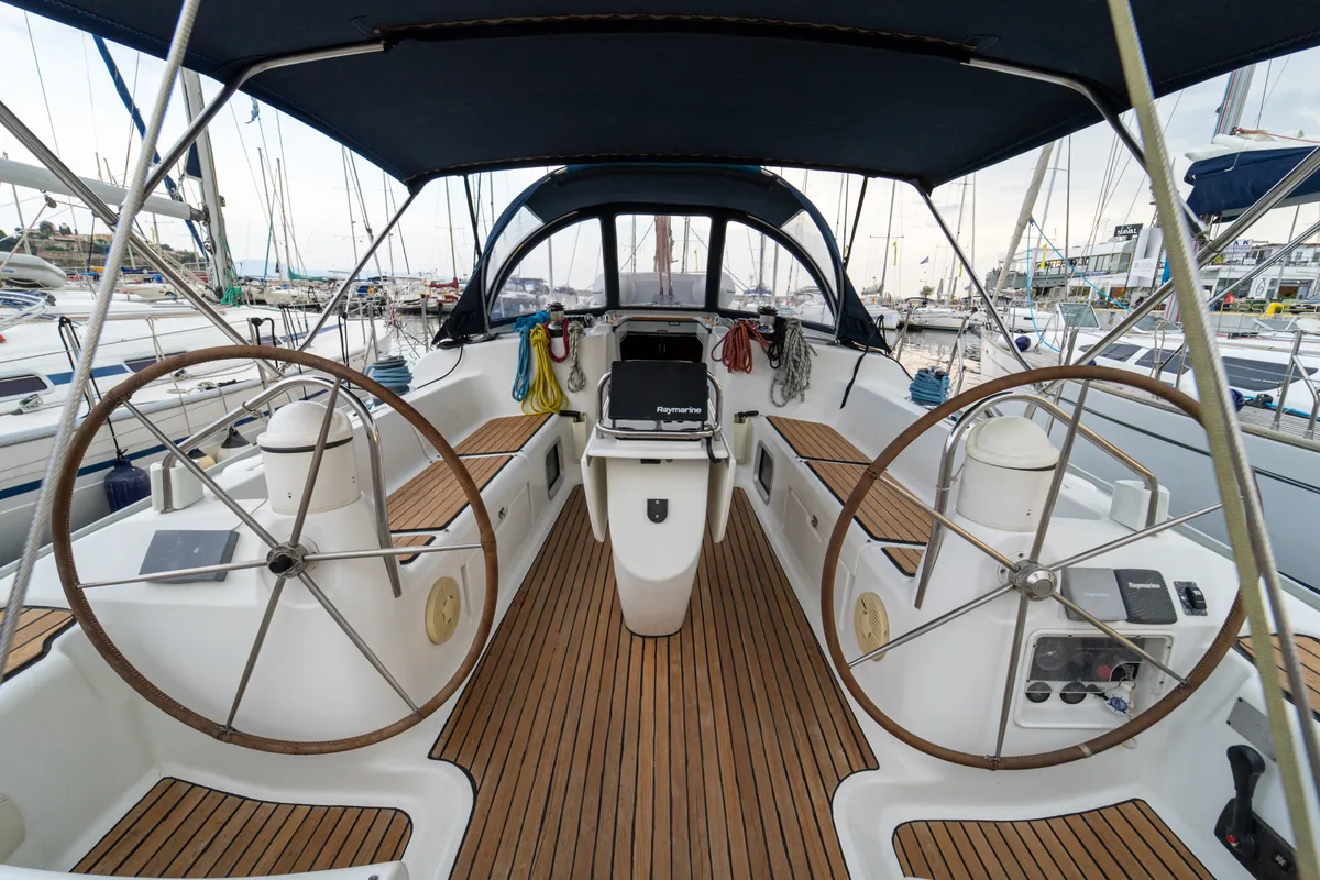Cockpit of Tatanos, a Jeanneau Sun Odyssey 43  sailboat at Kavala, Greece