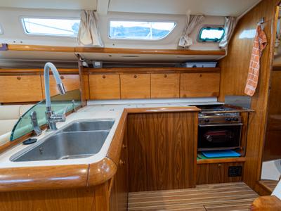 Galley of Tatanos, a Jeanneau Sun Odyssey 43 sailboat at Kavala, Greece