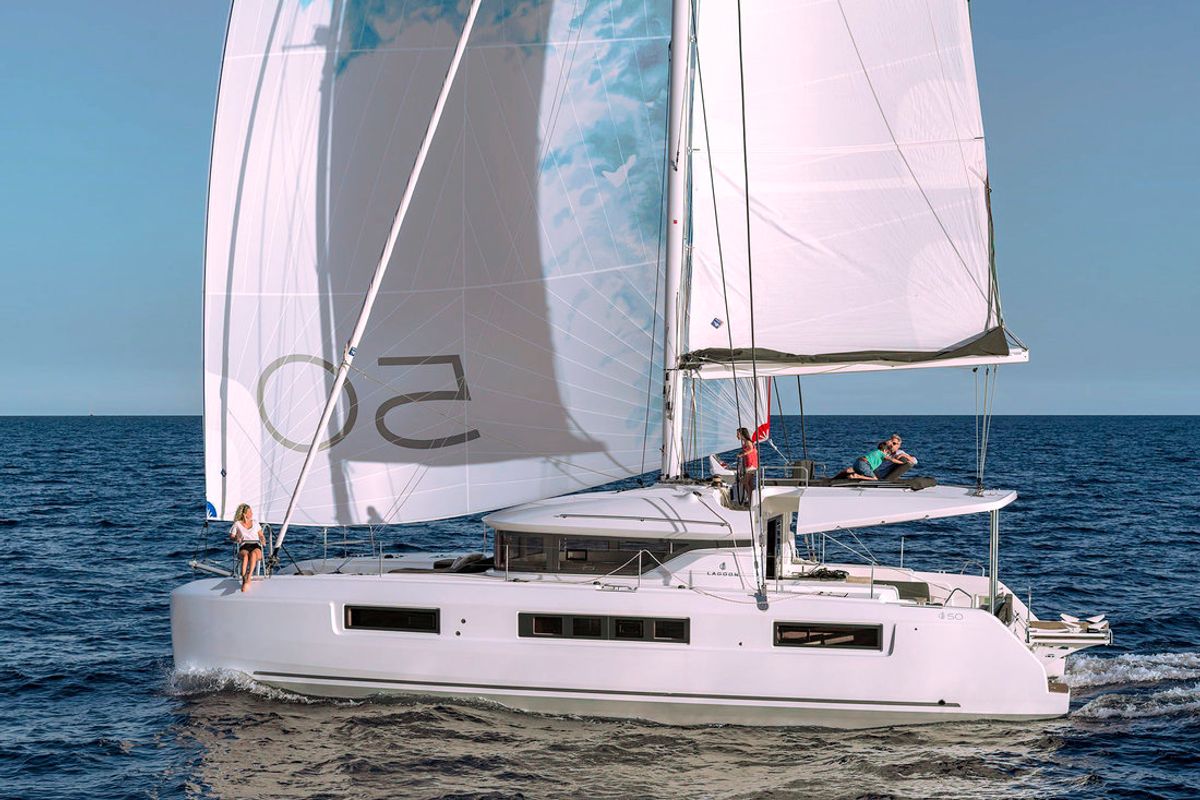 Exterior view of Mila, a Lagoon 50 catamaran at Seget Donji, Croatia