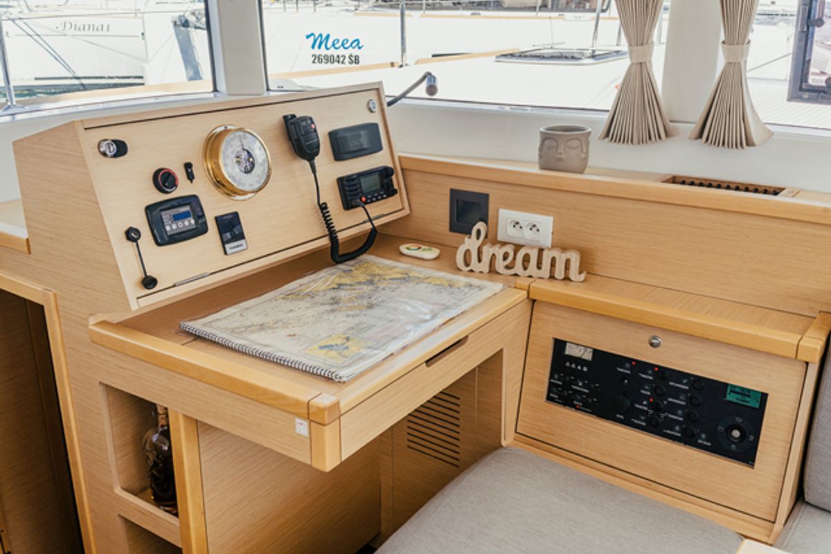 Cockpit of NEMO, a Lagoon 39 catamaran at Grad Šibenik, Croatia
